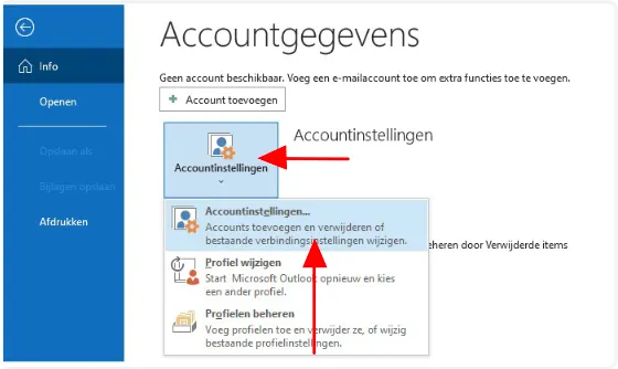 Het uitklapmenu Accountinstellingen in Outlook