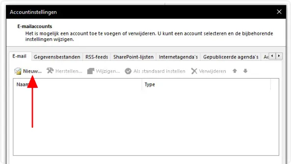 Het venster Accountinstellingen met de knop Nieuw