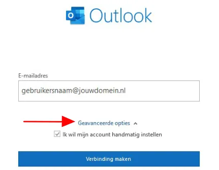 Het e-mailadres ingevuld, met Geavanceerde opties en het vinkje voor handmatig instellen