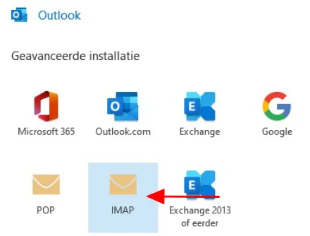 De keuze voor het accounttype, met IMAP