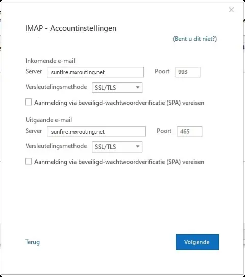 De IMAP-accountinstellingen met sunfire.mxrouting.net, poort 993 en 465 en SSL/TLS